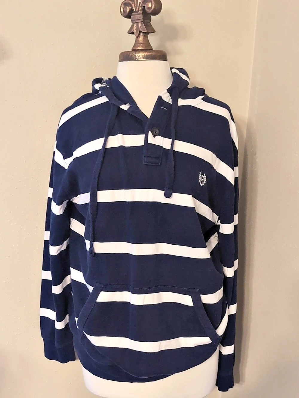 Chaps Striped Pullover Hoodie Blue & White Size Large
